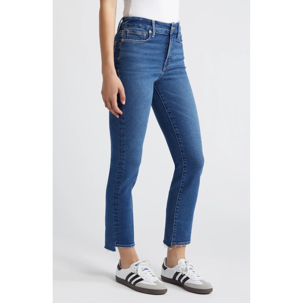 Good American High Rise Straight Leg Raw Step Hem Blue Jeans Size 8/29